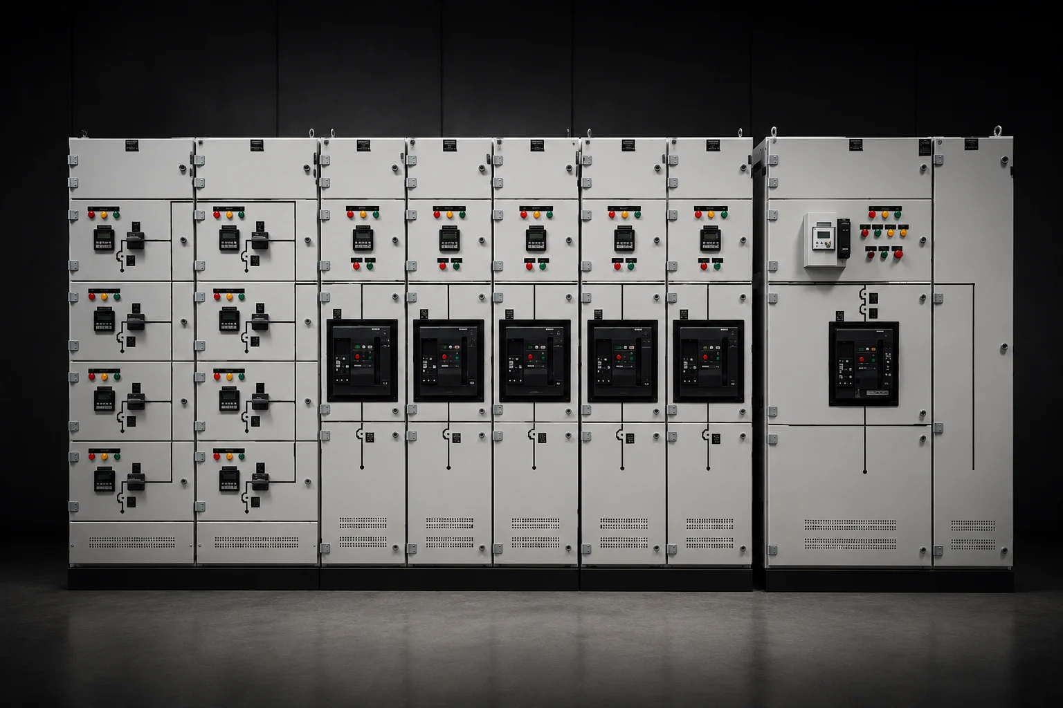 A low-voltage switchboard lineup, the single-line diagram painted across the panel doors.