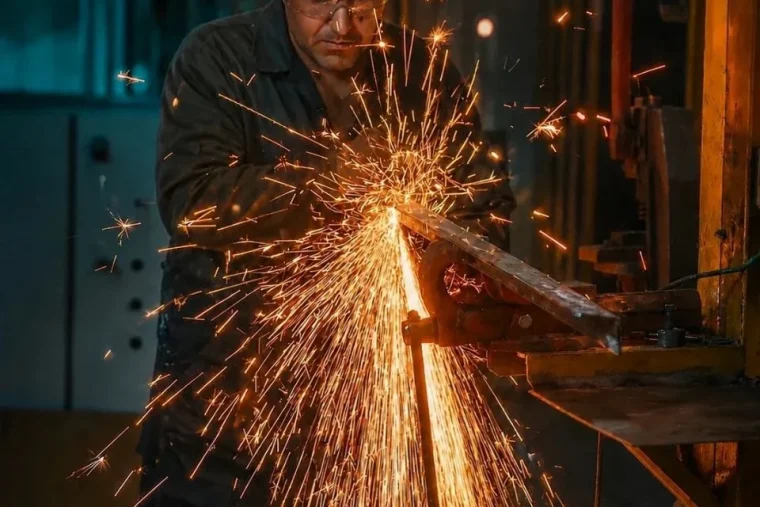 برش پروفیل فولادی برای شاسی تابلو؛ جرقه‌ها فضای کارگاه را روشن کرده‌اند.